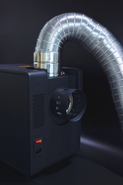 PureFluxion P1 rear exhaust connection with flexible metal duct installed
