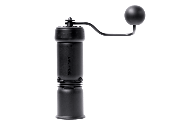 SOU SIK stainless steel manual coffee grinder with LeBrew Burrs 01 system, showing the hand coffee grinder design and burr structure details.
