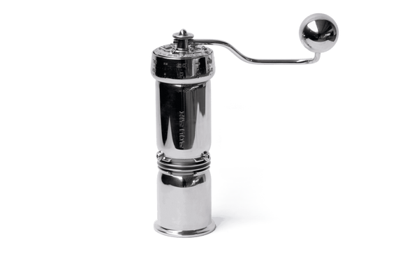 SOU SIK stainless steel manual coffee grinder with LeBrew Burrs 01 system, showing the hand coffee grinder design and burr structure details.
